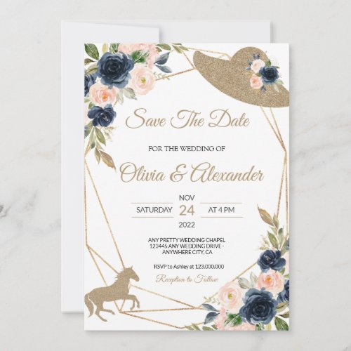 Blush  Navy Kentucky Derby Wedding Save The Date Invitation