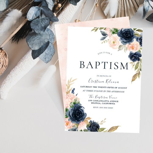 Blush  Navy Peach Flowers Baptism Christening Invitation