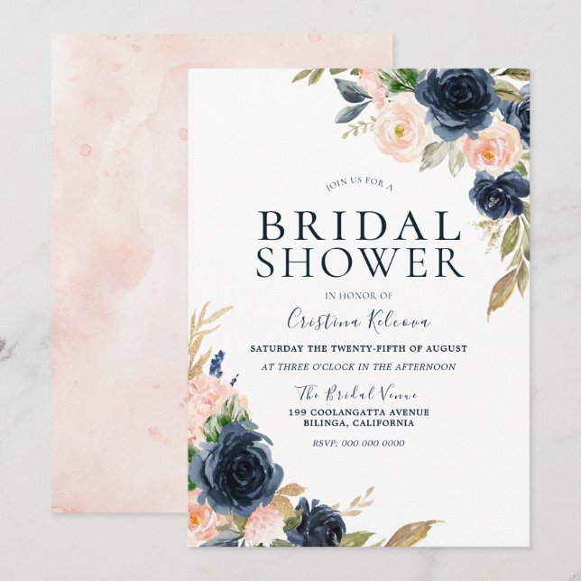 Blush & Navy Peach Flowers Bridal Shower Invitation (Front/Back)