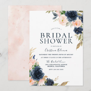 Blush & Navy Peach Flowers Bridal Shower Invitation