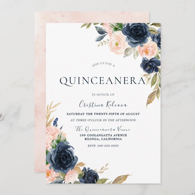 Blush & Navy Peach Flowers Quinceanera Party Invitation (Front/Back)