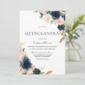 Blush & Navy Peach Flowers Quinceanera Party Invitation (Standing Front)