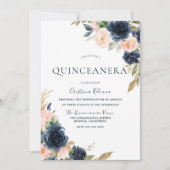 Blush & Navy Peach Flowers Quinceanera Party Invitation (Front)