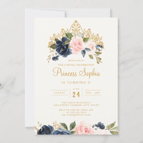 Blush Navy Princess Floral Tiara Birthday Invitation