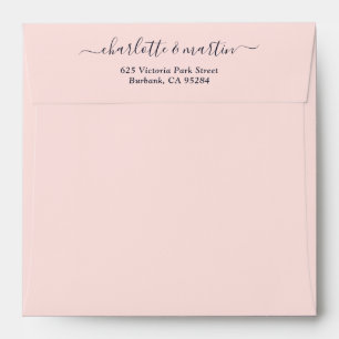 Blush Navy Script Return Address Wedding Square Envelope