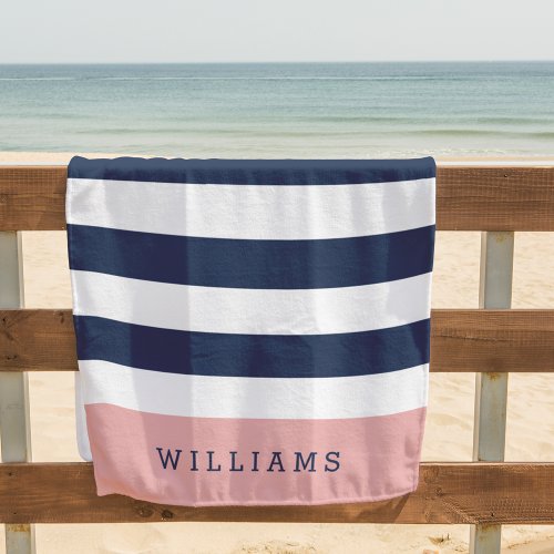 Blush  Navy Stripe Personalized Beach Towel