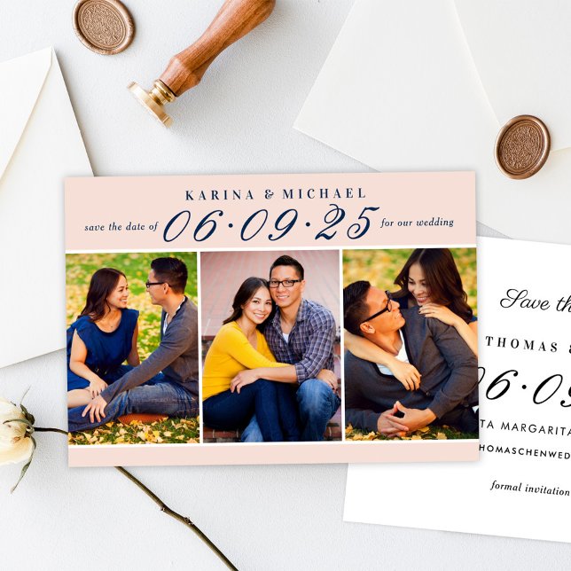 Blush Navy Three Photo Collage Wedding Save The Date (Creator Uploaded)