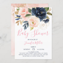 Blush & Navy Watercolor Floral Baby Shower Invitation