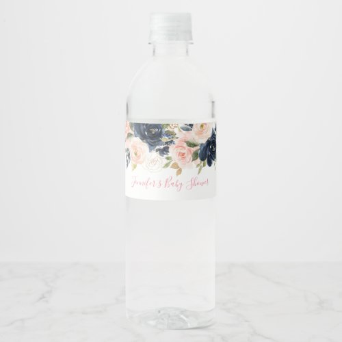 Blush  Navy Watercolor Floral Baby Shower Water Bottle Label