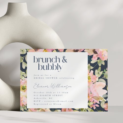 Blush Navy Watercolor Floral Brunch Bubbly Bridal Invitation