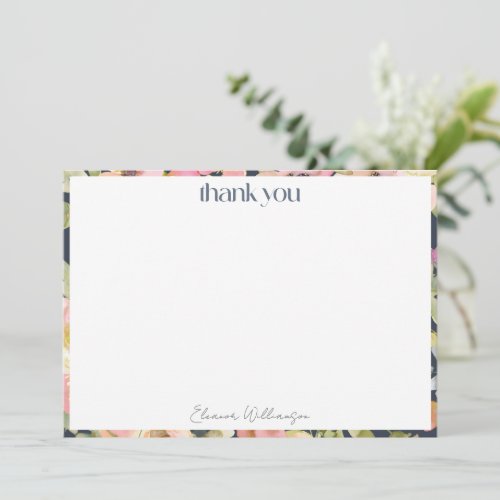 Blush Navy Watercolor Floral Custom Bridal Shower  Thank You Card