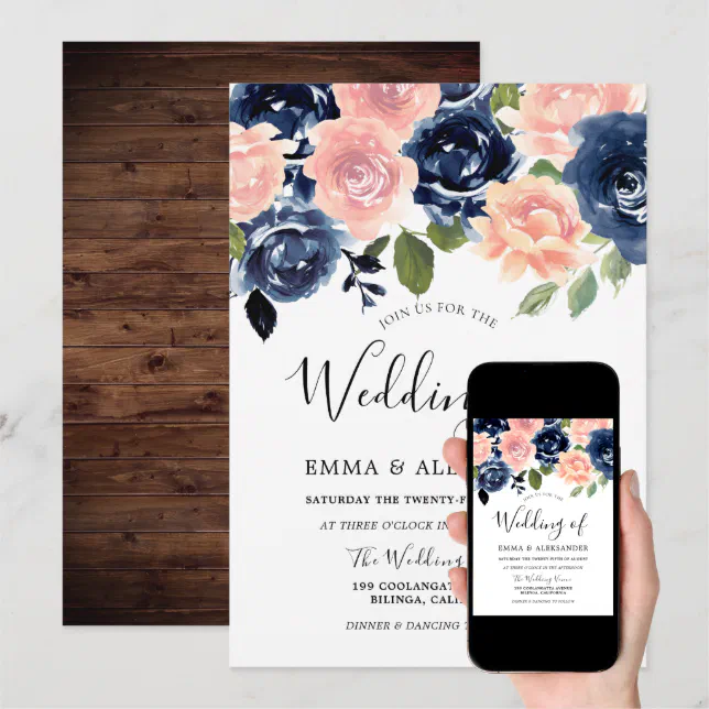 Blush & Navy Watercolor Floral Rustic Wedding Invitation | Zazzle