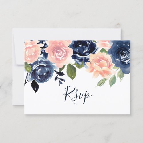 Blush  Navy Watercolor Floral Wedding RSVP Card