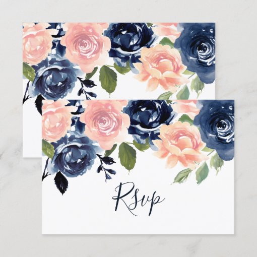 Blush & Navy Watercolor Floral Wedding RSVP Card | Zazzle