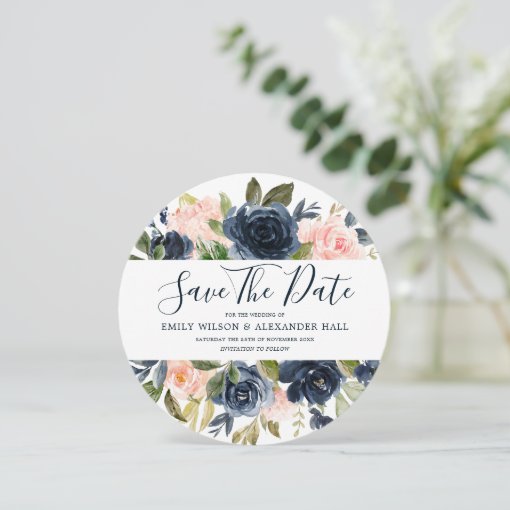 Blush & Navy Watercolor Florals Modern Wedding Save The Date | Zazzle