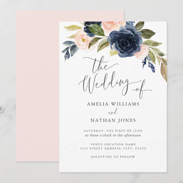 Blush Navy Watercolor flower Wreath Wedding Invitation | Zazzle