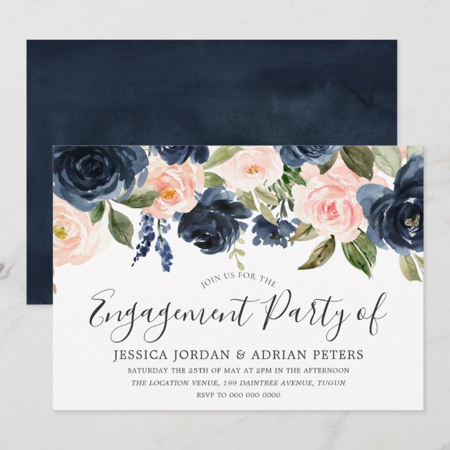 Blush & Navy Watercolor Flowers Engagement Party Invitation (Front/Back)