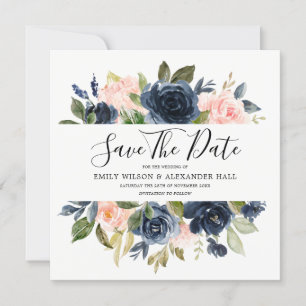Blush & Navy Watercolor Flowers Wedding Save The Date