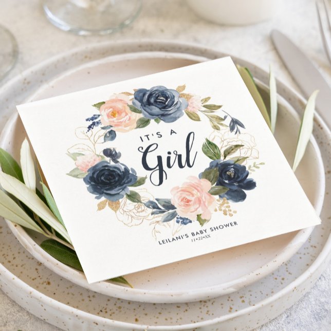 Blush Navy Wreath Watercolor Baby Shower Napkins (Floral wreath it's a girl with a blush pink and navy blue baby shower napkin for an elegant design.)