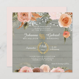 Blush Neutral Floral Rustic Sage Green Wood Leaf Invitation
