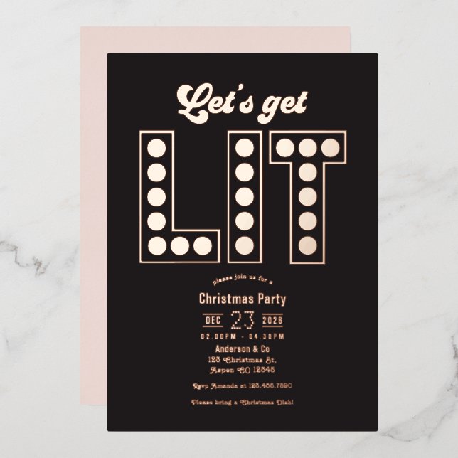 Blush Noir Let's Get Lit Retro Christmas Party Foil Invitation (Front/Back)