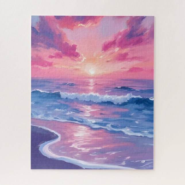 Blush Ocean Sunset Waves Watercolor Jigsaw Puzzle (Vertical)