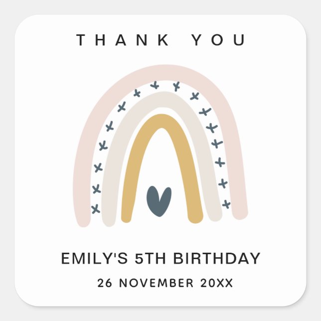 BLUSH OCHRE NAVY HEART RAINBOW BIRTHDAY THANK YOU SQUARE STICKER (Front)