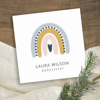 BLUSH OCHRE NAVY SCANDI HEART RAINBOW BABYSITTER SQUARE BUSINESS CARD
