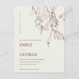 BLUSH OFF WHITE LINE DRAWING FLORAL SAVE THE DATE ANNOUNCEMENT POSTCARD