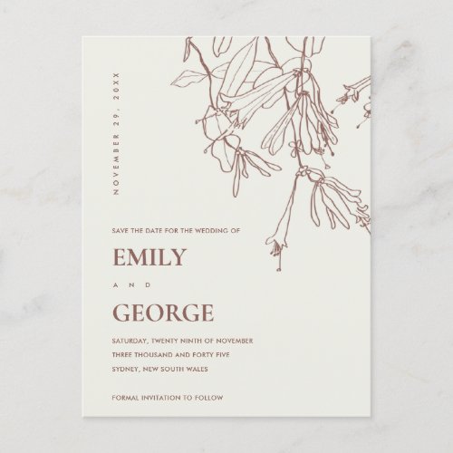 BLUSH OFF WHITE LINE DRAWING FLORAL SAVE THE DATE ANNOUNCEMENT POSTCARD