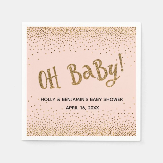 Blush "Oh Baby!" Gold Glitter Confetti Names, Date Napkins (Front)