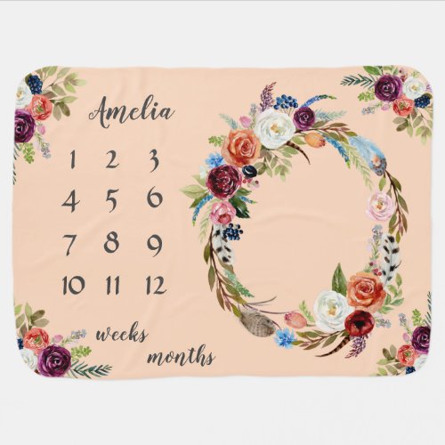 Blush Orange Baby Girl Floral Milestone Monthly Baby Blanket