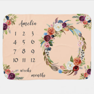 Blush Orange Baby Girl Floral Milestone Monthly Blanket