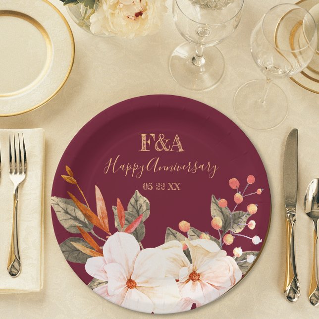 Blush Orange Floral Elegant Anniversary Monogram Paper Plates (Creator Uploaded)