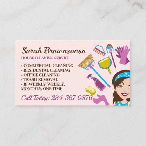 Blush Orange Janitorial Lady House Cleaning Business Card