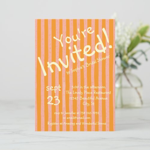 Blush Orange Stripe You're Invited Bridal Shower Invitation