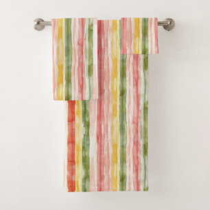 Blush Orange Yellow Green Stripes Bath Towel Set