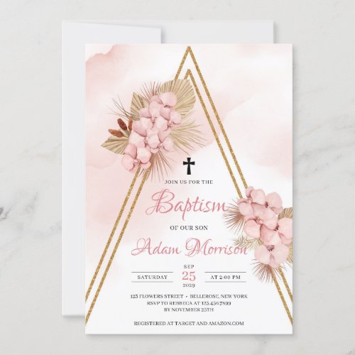 Blush Orchid Dried Palm Leaves Gold Arch Baptism Invitation