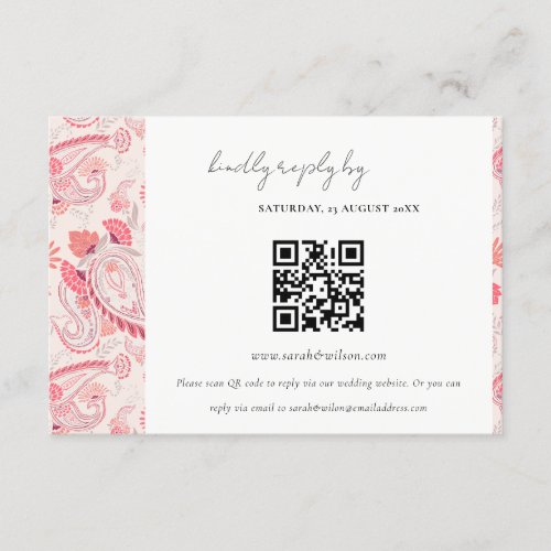 Blush Paisley Typography Wedding RSVP QR Code Enclosure Card