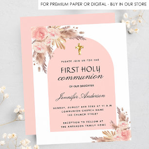 Blush pampas first communion budget invitation flyer
