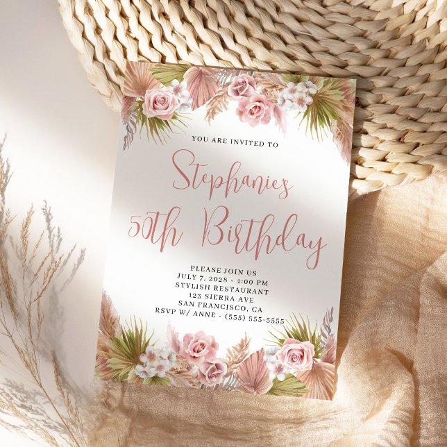 Blush Pampas Grass Boho Floral Birthday Invitation (Boho Blush Floral Birthday Invite)