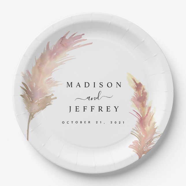 Blush Pampas Grass Minimalist Wedding Paper Plates (Front)