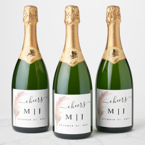 Blush Pampas Grass Minimalist Wedding Sparkling Wine Label