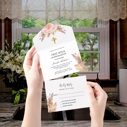 Blush pampas grass rose first communion RSVP All In One Invitation