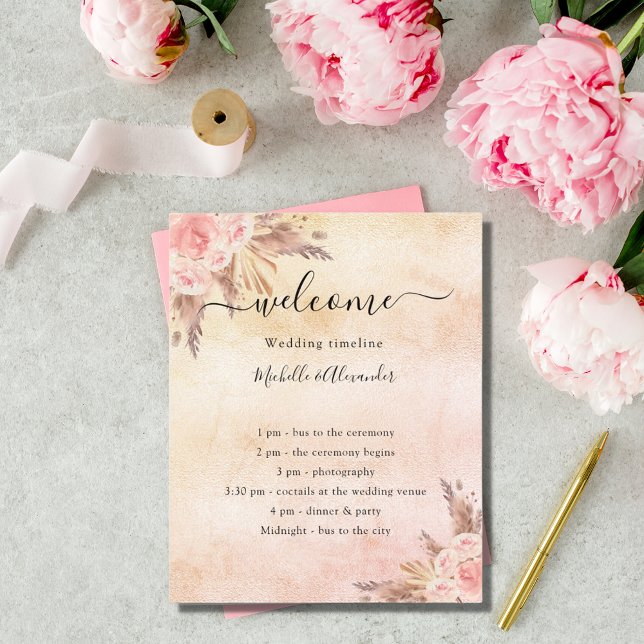 Blush pampas grass rose floral wedding program (Creator Uploaded)