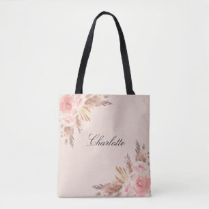 Blush pampas grass rose gold flowers name tote bag