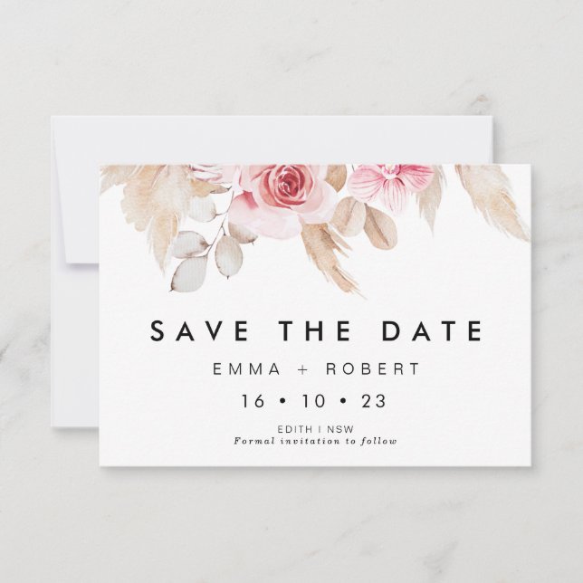 Blush Pampas Grass Wedding Save The Date Card (Front)