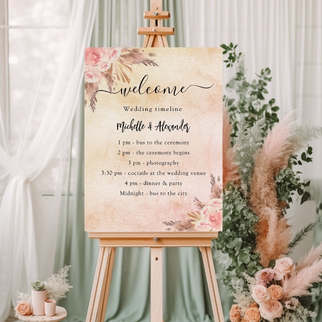Blush pampas rose floral wedding program timeline foam board (Creator Uploaded)