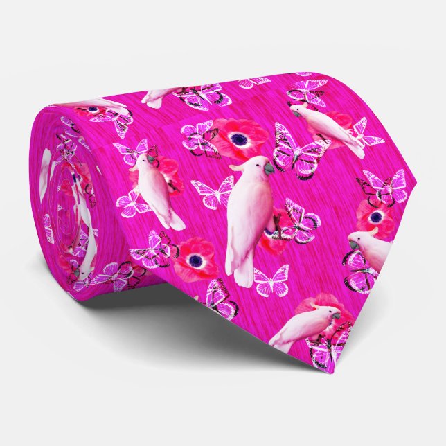 Blush Paradise: Cockatoos and Butterflies Harmony, Neck Tie (Rolled)