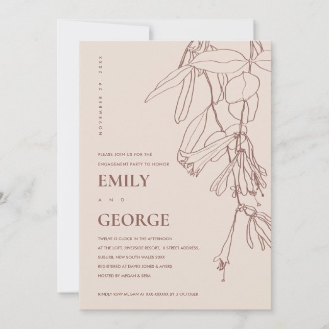 BLUSH PASTEL LINE DRAWING FLORAL ENGAGEMENT INVITE (Front)